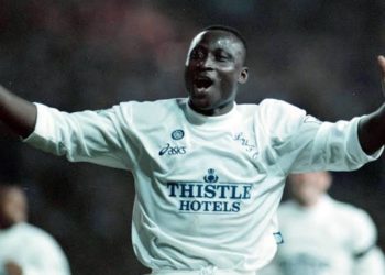 Tony Yeboah after scoring a goal for Leeds United