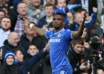 Samuel Eto'o celebrating one of his goals v United