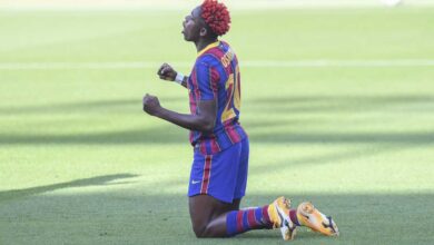 Asisat Oshoala celebrates