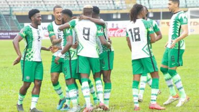 Super Eagles squad celebrates a goal