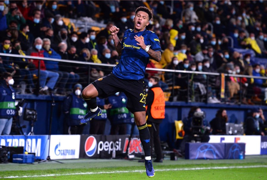 Jadon Sancho celebrates scoring for Manchester United