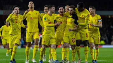 Liverpool players celebrate in their Carabao Cup semi-final win over Arsenal