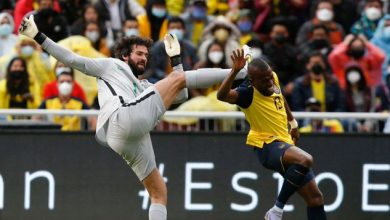 Brazil goalkeeper Alisson in action against Ecuador