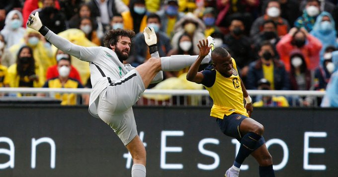 Brazil goalkeeper Alisson in action against Ecuador