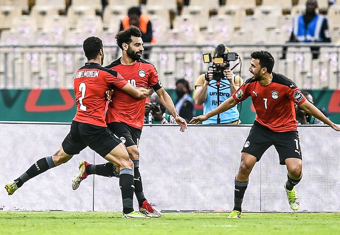 Egypt stars celebrate their goal against Morocco