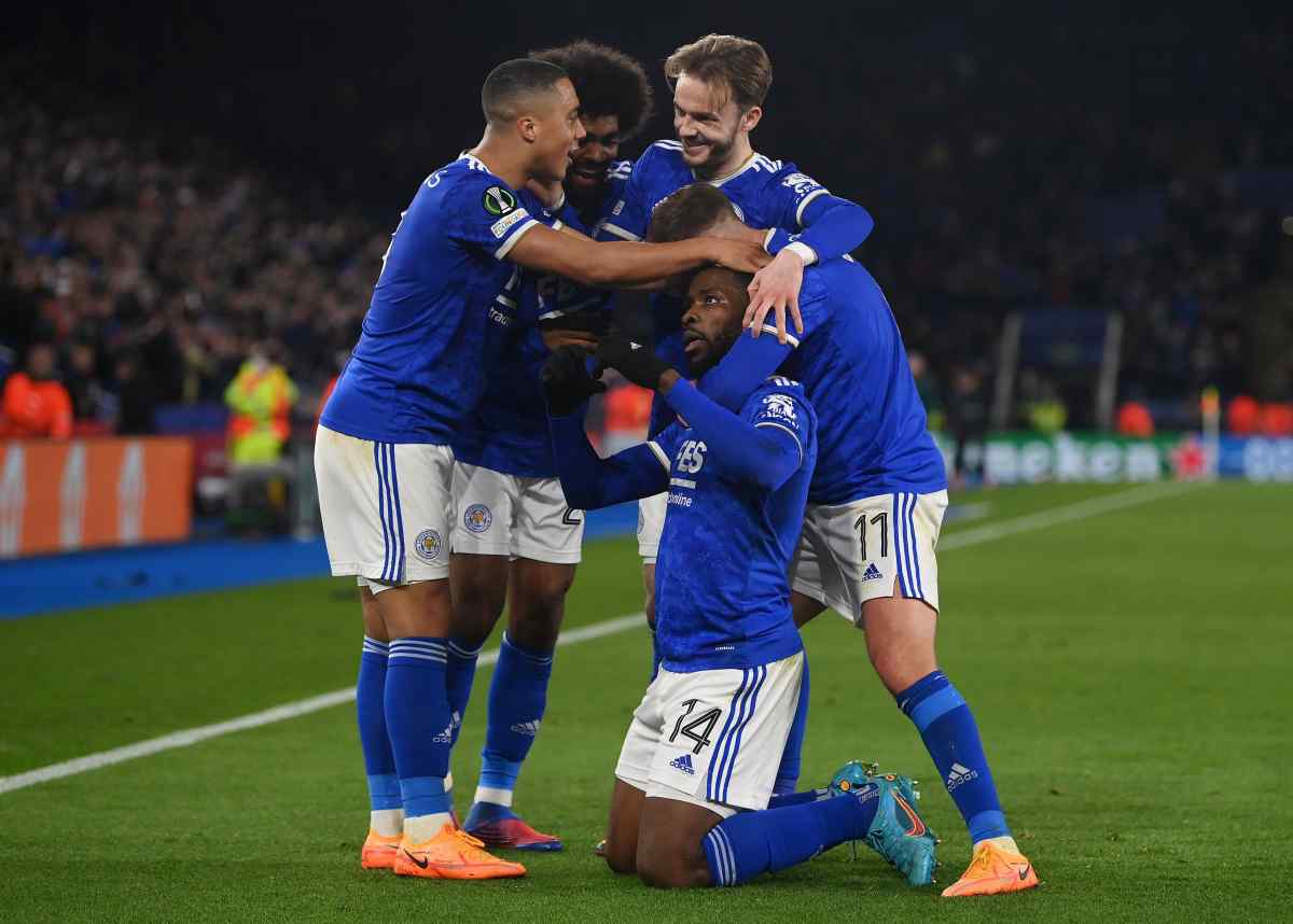 Kelechi Iheanacho celebrates with his teammates after scoring against Rennes