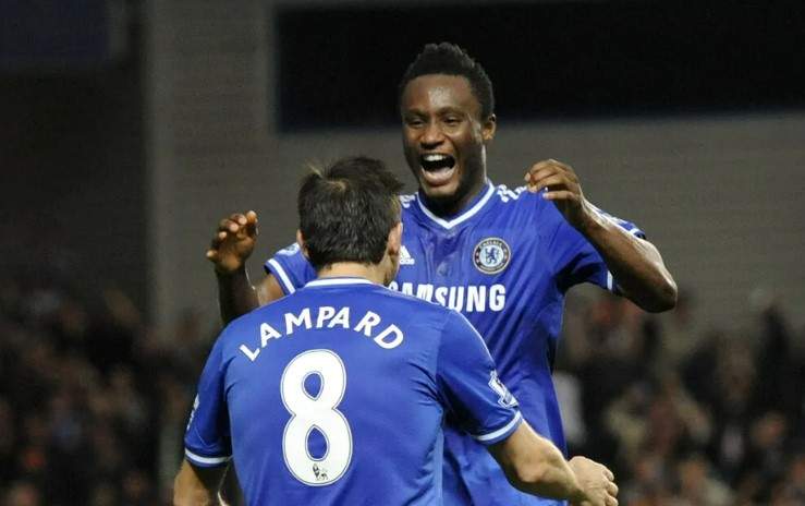 Lampard celebrating with Mikel after he scored a rare goal against Fulham