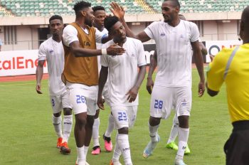 Rivers United FC players celebrating one of Paul Acquah's goal vs DC Motembe Pembe in Uyo