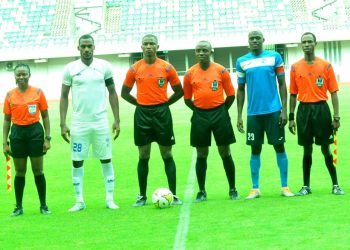 Referees Akaniyene Udoette, Uboho Sunday, Mfon Akpan (FIFA) and Ben Onyika with captains of Rivers United and Enyimba FC