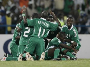 Nigeria`s U-17 set of 2009 celebrating a goal at the World Cup