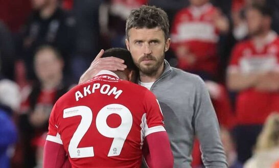 Micheal Carrick consoles Akpom after EFL Championship playoff loss