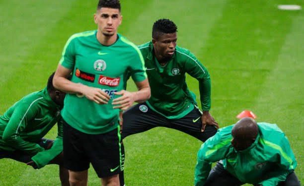 Mikel Agu [ Behind Leon Balogun] training with the Super Eagles of Nigeria