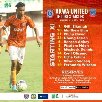 Akwa United FC starting XI vs Lobi Stars at the Naija Super 8 tournament