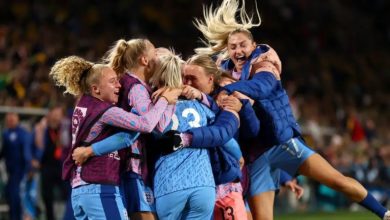 England players celebrating a goal in the semi-final win over Australia