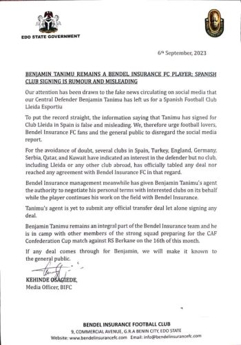 Bendel Insurance FC letter on Benjamin Taminu transfer rumours.