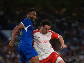 Mikel Obi in action for Chelsea FC legends vs Bayern Munich.