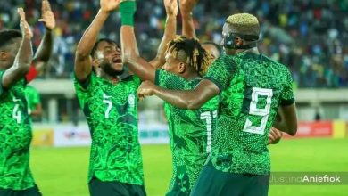 Super Eagles players celebrating a goal vs Sao Tome and Principe. Siasia