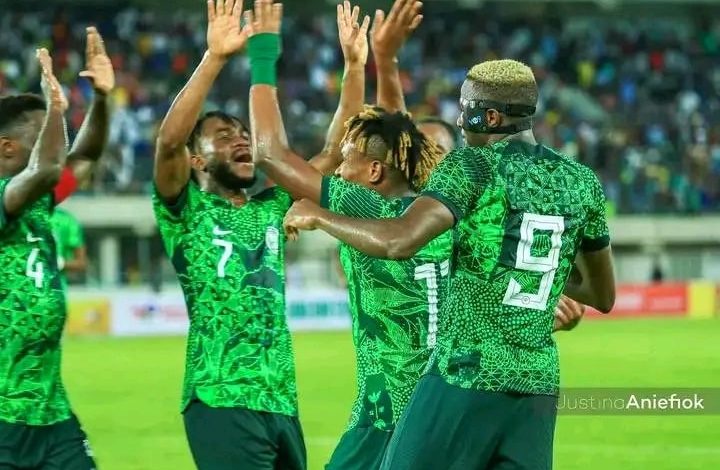 Super Eagles players celebrating a goal vs Sao Tome and Principe. Siasia