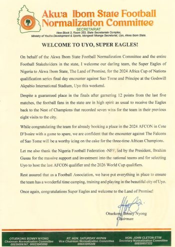 Welcome to Uyo Super Eagles message from the Akwa Ibom State Football Association Normalization Committee 