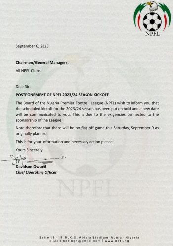 NPFL kickoff postponement letter