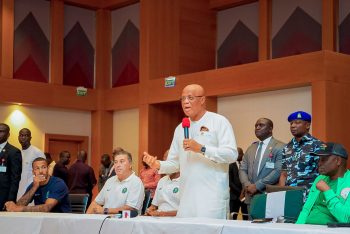 Akwa Ibom State Governor Pst. Umo Eno addressing the Super Eagles 