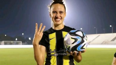 Ashleigh Plumptre with Match ball after hat-trick on Al Ittihad debut