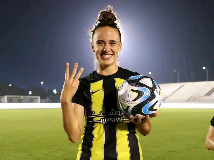 Ashleigh Plumptre with Match ball after hat-trick on Al Ittihad debut