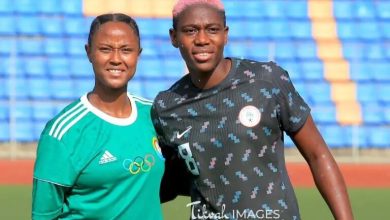 Ethiopia Women's National team skipper Lorza Aberra and Super Falcons star, Asisat Oshoala after the Olympics qualification game in Addis Ababa.