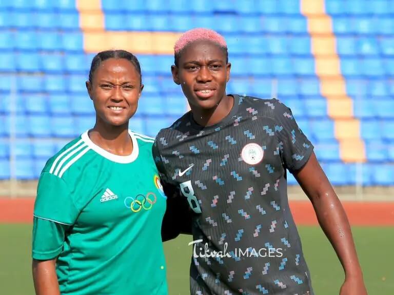 Ethiopia Women's National team skipper Lorza Aberra and Super Falcons star, Asisat Oshoala after the Olympics qualification game in Addis Ababa.