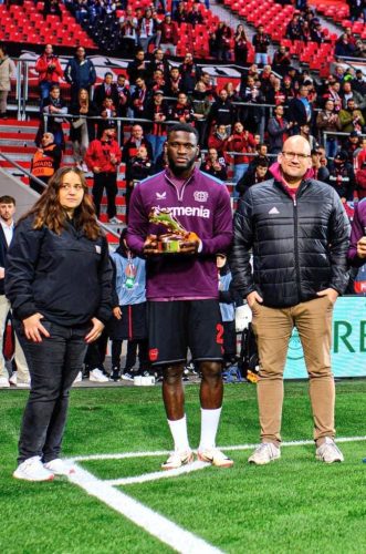 Bayer Leverkusen forward Victor Boniface received his Europa League top-scorer award from last season.