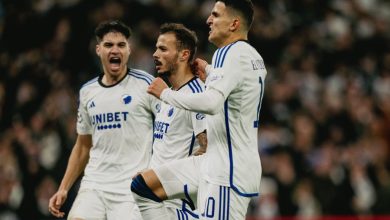 FC Copenhagen Players celebrating the match-winner vs Manchester United.