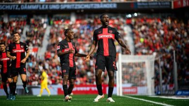 Victor Boniface celebrates Bayer Leverkusen goal