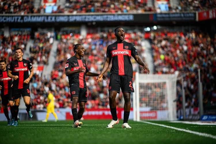 Victor Boniface celebrates Bayer Leverkusen goal