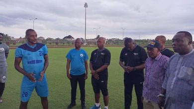 Rivers United FC players during the visit by Akwa Ibom State FA Chairman and members