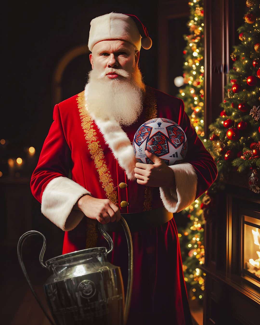 Manchester City's goal machine, Erling Haaland, celebrated Christmas by dressing up as Santa Claus and showcasing his Champions League trophy.