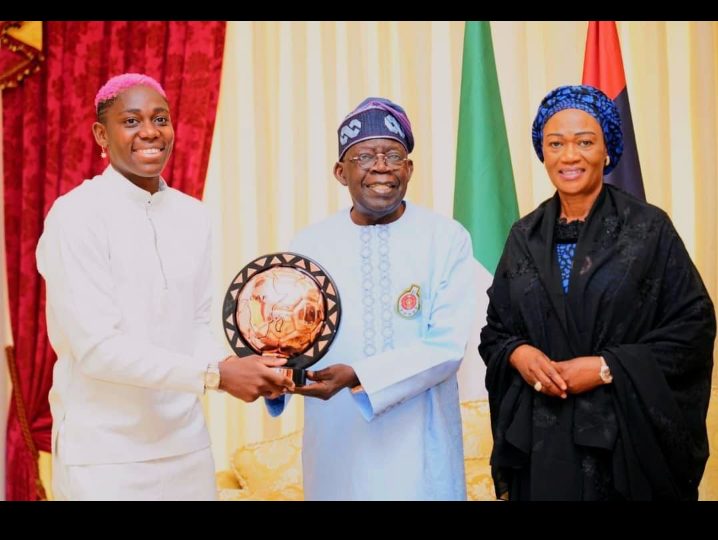 President Bola Tinubu and the First Lady, Senator Oluremi Tinubu, hosted a reception in Lagos on Thursday for Asisat Oshoala, the Super Falcons striker