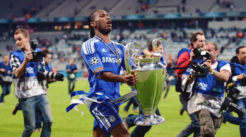 Drogba celebrating after helping Chelsea win 2012 Champions League title