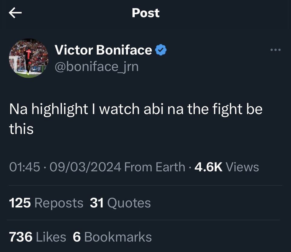 Victor Boniface, like many others, was left in awe after witnessing Anthony Joshua's 6-minutes knockout victory against Francis Ngannou in Saudi Arabia.