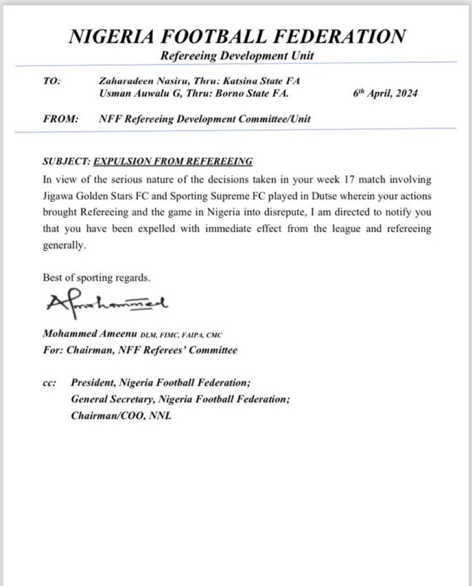 This was contained in the memo sent to the referee by the NFF Refereeing Development Unit, the NFF body saddles with the responsibility of promoting and sanctioning of referees in line with their performances