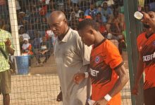 Akwa United striker Edidiong Ezekiel and Coach Baba Ganaru during their Federation Cup Round of 32 game