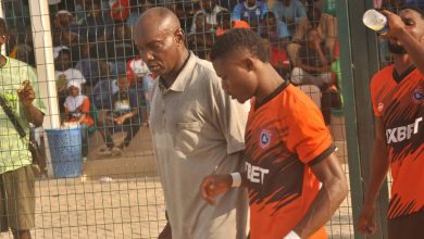 Akwa United striker Edidiong Ezekiel and Coach Baba Ganaru during their Federation Cup Round of 32 game