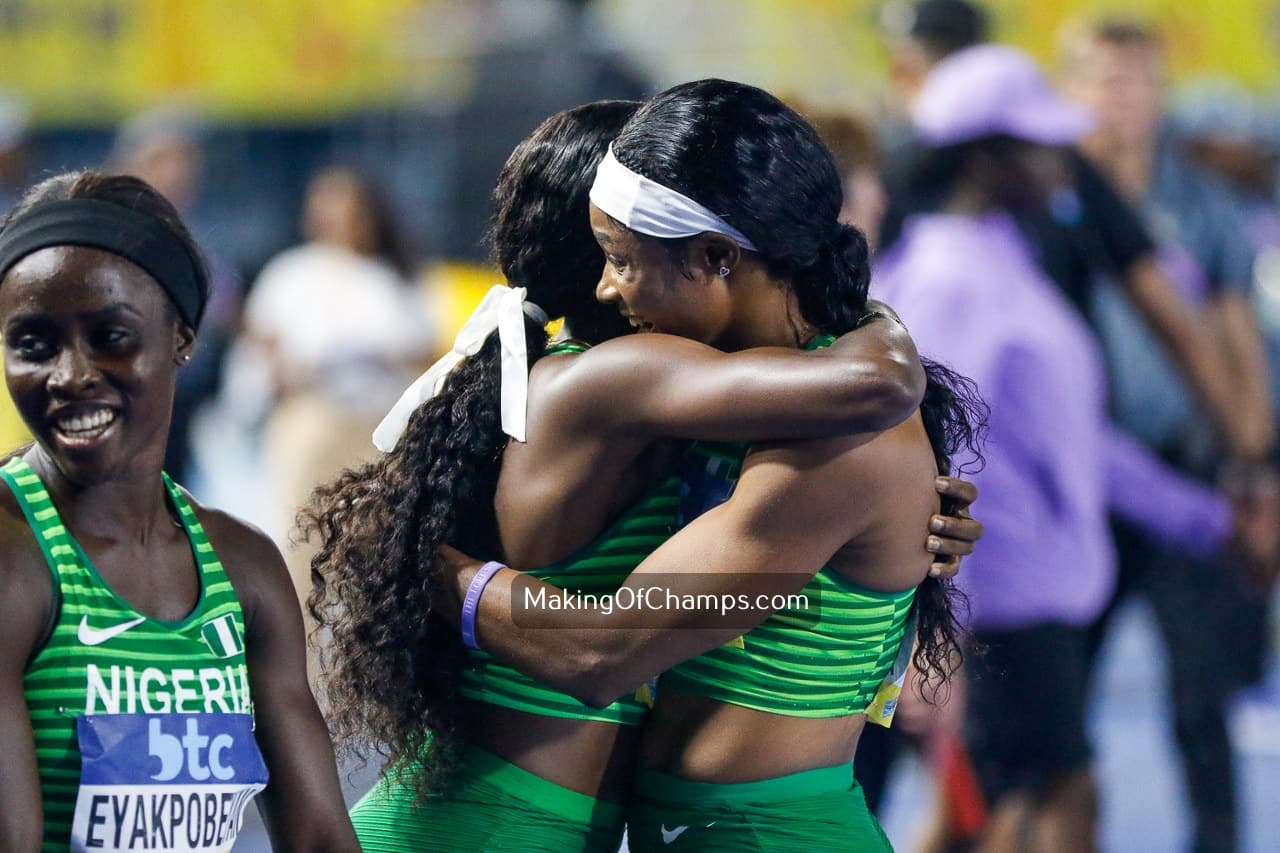 Nigeria's women's 4x100m relay team, comprising Justina Eyakpobeyan, Favour Ofili, Rosemary Chukwuma, and Tima Godbless, finished 6th in Heat 2