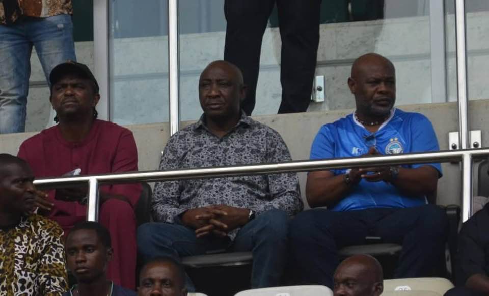 From left to right: Enyimba FC chairman Nwankwo Kanu, NFF President Alhaji Ibrahim Gusau and NFF Board member Otuekong Nse Essien at the Godswill Akpabio International Stadium, Uyo.