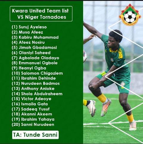 Kwara United matchday squad to face Niger Tornadoes