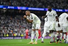 Kylian Mbappe celebrates UEFA Champions League goal for Madrid