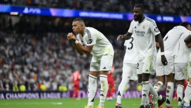 Kylian Mbappe celebrates UEFA Champions League goal for Madrid