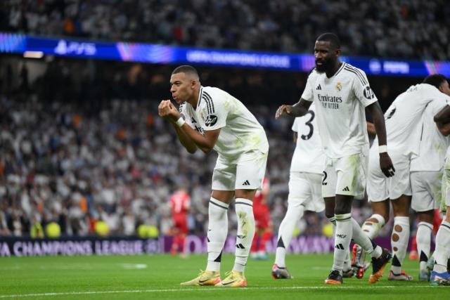 Kylian Mbappe celebrates UEFA Champions League goal for Madrid