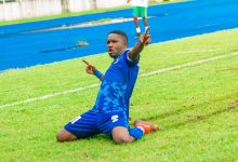 aniekeme okon celebrates his goal for Rivers United in the NPFL-min