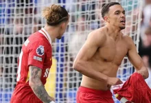 trent alexander-arnold celebrates his goal for Liverpool vs Leicester