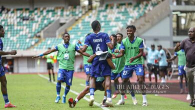 Stephen Manyo celebrates his goal for Rivers United. Photo Credit: AthleticNG